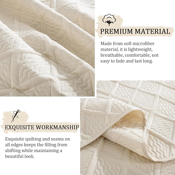 Yiran California King Size Beige Quilt Set Lightweight Oversized Bedspread Ultrasonic Diamond Pattern Soft Microfiber Summer Coverlet Modern Style 3 Piece with 2 Shams (112x104 inch)