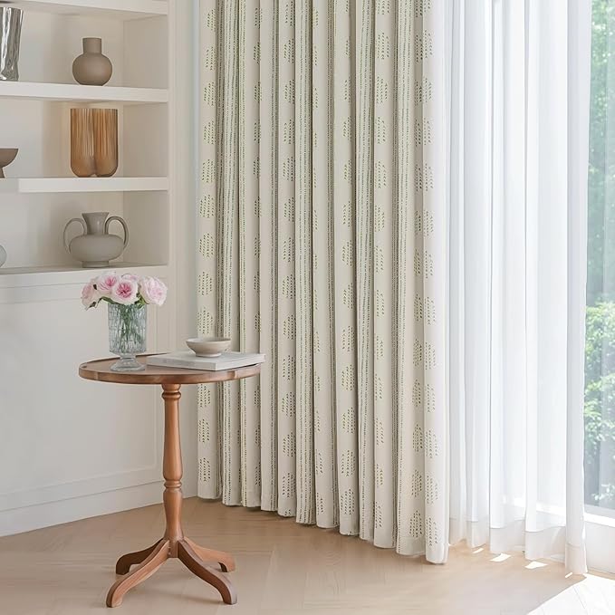 100% Boho Blackout Curtains 84 Inches Long for Bedroom, Green on Beige Patterned Bohemian Curtains for Living Room, Geometric Striped Thermal Insulated Window Drapes Gromment Top 2 Panels