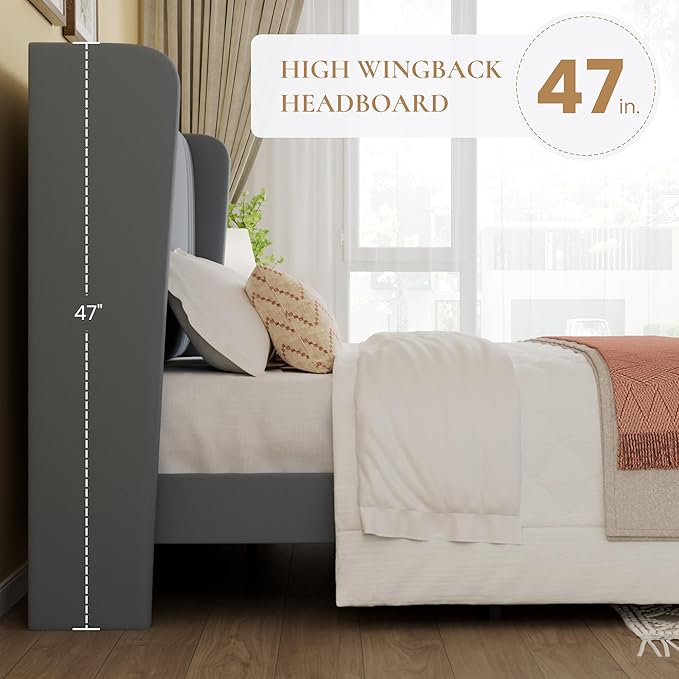 SHA CERLIN Full Size Velvet Upholstered Platform Bed Frame with Vertical Channel Tufted Wingback Headboard, Wooden Slats Support, Easy Assembly, Under Bed Storage, No Box Spring Required, Grey