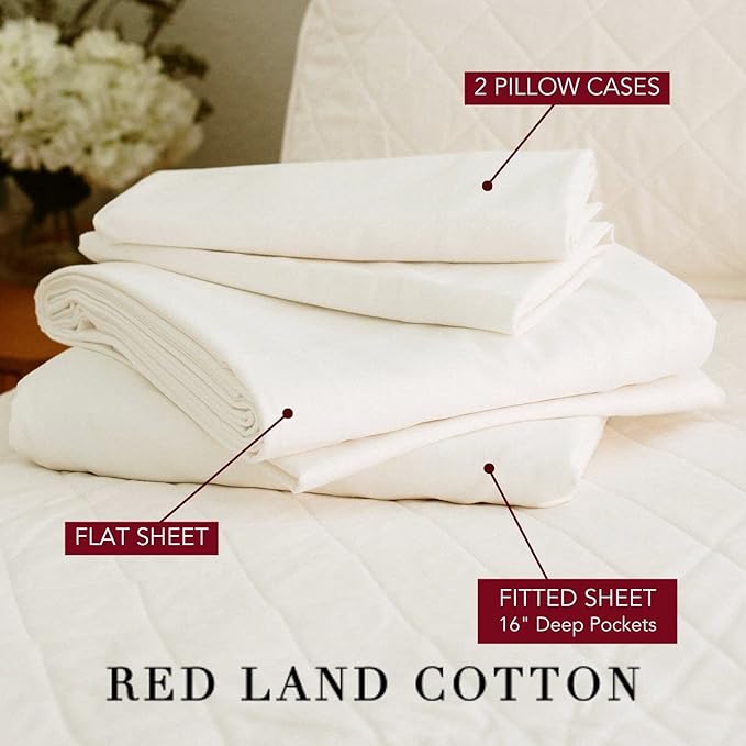 Red Land Cotton Luxury Sheet Set | 100% American Grown Cotton Basics | Premium Hotel Ultra-Soft Lightweight 4 Piece USA Made Deep Pocket Fitted Flat Sheet & pillowcases Percale Weave (Twin XL/Natural)