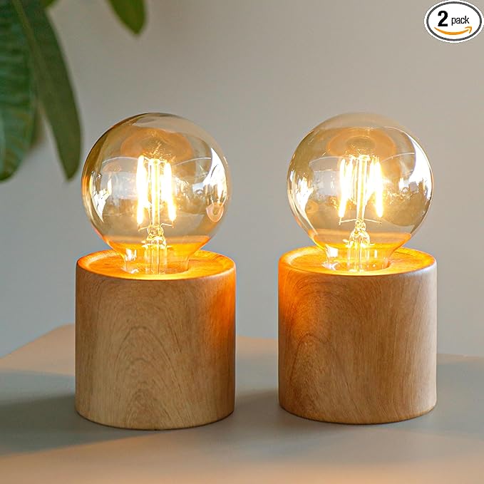 JHY DESIGN Set of 2 Wood Grain Table Lamp 6.5" Tall Cordless Lamp Light with Edison Style Bulb and 6 Hours Timer Battery Operated Lamp Great for Living Room Weddings Parties Patio Indoors Outdoors