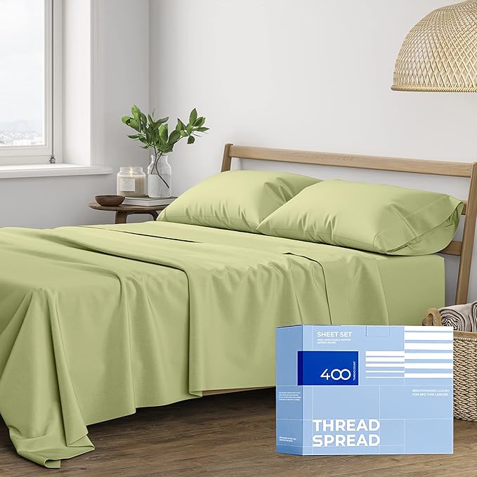 THREAD SPREAD 100% Cotton Queen Sheets Set - 400 Thread Count Queen Size Sheets (4 PC, Herb Green), 16" Deep Pocket All Around Elastic, Soft, Cooling, Durable & Breathable Sateen Weave Bed Sheet Set