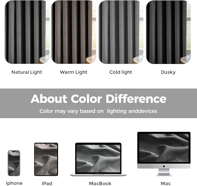 Pinch Pleated 100% Blackout Curtains for Bedroom, Grey Velvet Curtains for Living Room, Black Out Curtain 90 inch Long Room Darkening, Blackout Pinch Pleat Drapes with Hooks 2 Panels