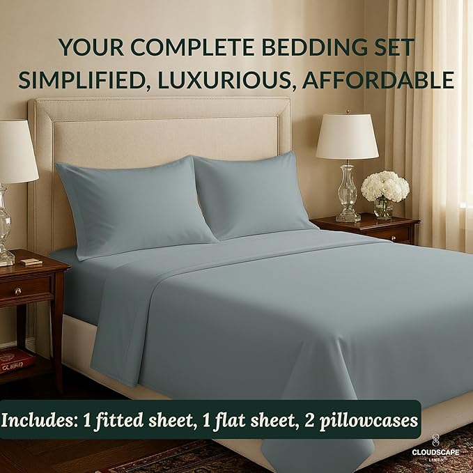 Cloud Scape Linen 100% Egyptian Cotton California King Sheet Set, 400 Thread Count,4 Pieces Luxury Bedding Set, Hotel Quality, Silky Soft, Breathable and Durable, Deep Pockets up to 17, French Blue