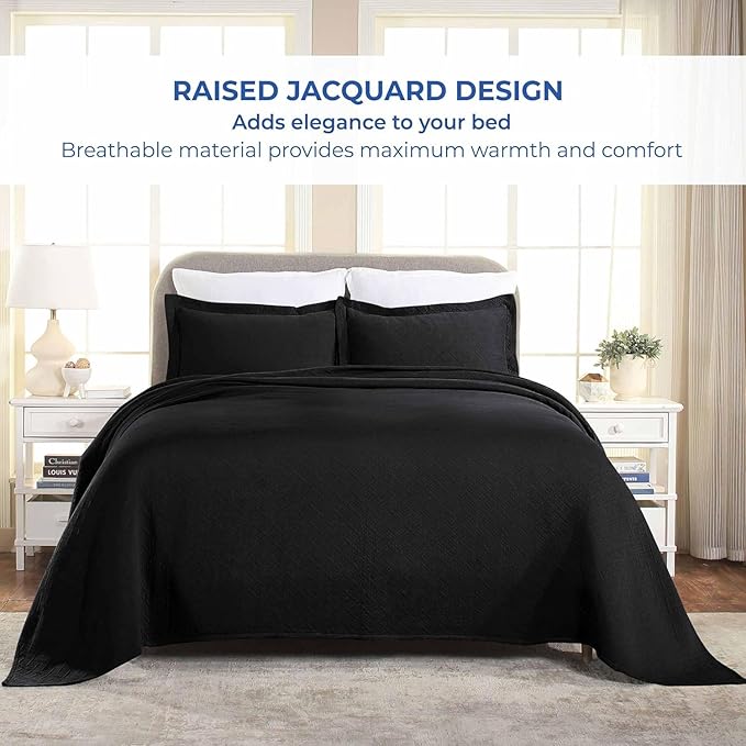 Superior 100% Cotton Basket Weave Bedspread with Shams, All-Season Premium Cotton Matelasse Jacquard Bedding, Quilted-Look Geometric Basket, Full, Black
