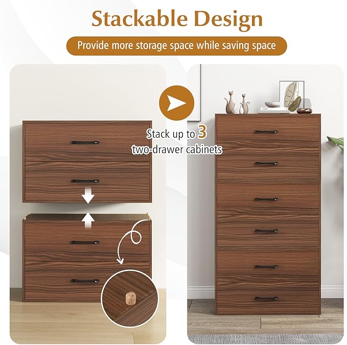 Giantex Stackable 2-Drawer Dressers for Bedroom - Short Dresser Two Drawer Storage Cabinet w/Handles & Anti-Topping Device, Small Dresser Chest of 2 Drawers for Closet Bedroom (2, Walnut)