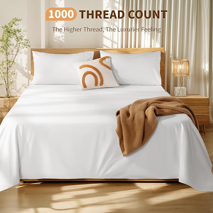 LBRO2M 100% Cotton Sheets Set Deep Pocket 19", 1000 Thread Count Full Size 4 Piece Bed Sheet Sets Soft Comfortable Bedding All Season (Full, White)