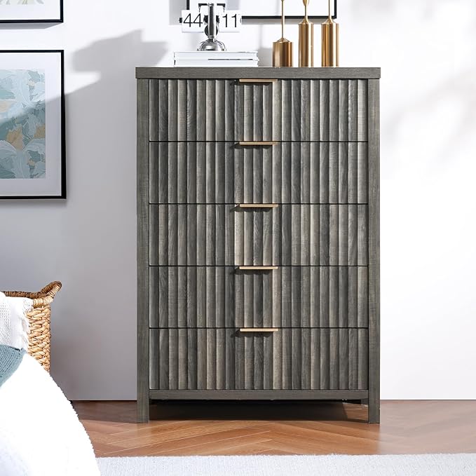 5 Drawers Dresser for Bedroom, 44 Inches Tall Modern Bedroom Dressers, Chest of Drawers for Bedroom, Fluted Dresser for Closet Organizer for Living Room, Hallway, Entryway (Midnight Oak, 2 Pieces)
