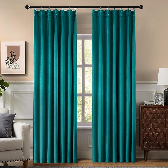 Pinch Pleated 100% Blackout Curtains for Bedroom, Teal Velvet Curtains for Living Room, Black Out Curtain 102 inch Long Room Darkening, Blackout Pinch Pleat Drapes with Hooks 2 Panels