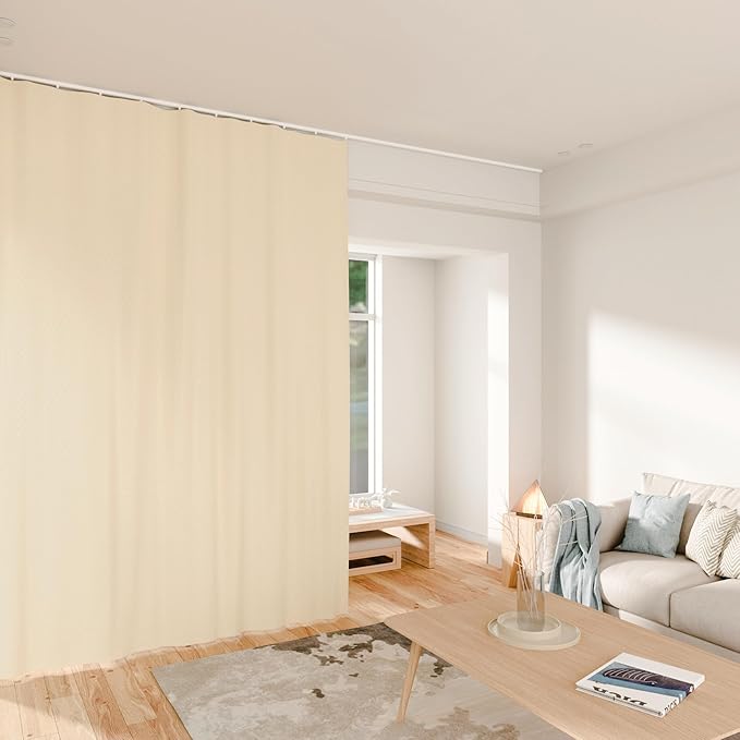 Room Divider Curtains Total Blackout Privacy Curtain Panel Room Thermal Insulated Noise Reduction Curtains for Bedroom Window Living Room Ceiling Track Curtain W 15 ft × H 8 ft Beige