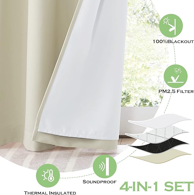 KGORGE 4-in-1 Soundproof Anti Dust 100% Blackout Curtains with Melt-Blown Layer Thermal Insulating Window Treatment Drapes for Living Room Bedroom Kis Nursery, W 52 x L 84, Cream Beige, 2 Panels