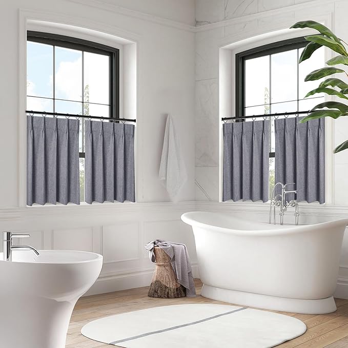 WdFour Small Pinch Pleated, Full Blackout Linen Look Window Curtains for Bathroom, Living Room, Bedroom, Block Lights and Offer Privacy.(Dark Gray,24" W x 24" L)