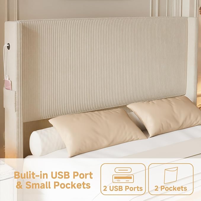 King Size Bed Frame and Headboard, Upholstered King Bed Frame with Tall Wingback Headboard & Footboard, USB Ports, Easy Assembly, Beige