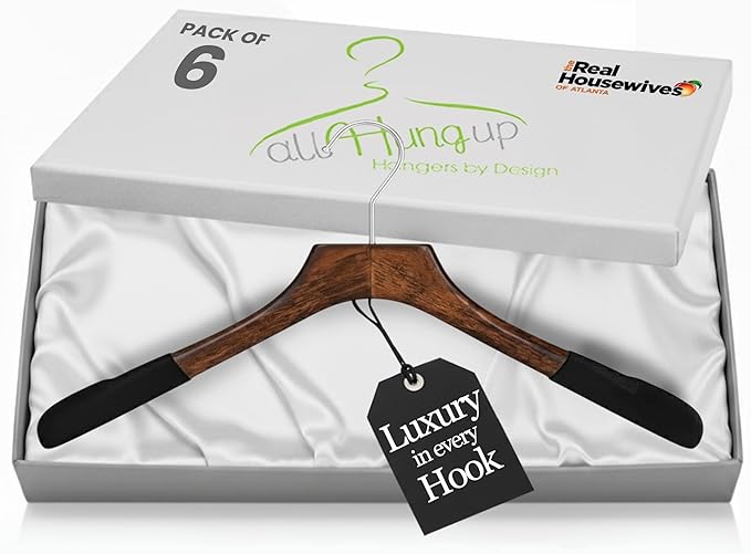 Premium Luxe Wood Coat Hangers, Wide Shoulder Wooden Jacket Hangers with Velvet Grip, Heavy Duty Luxury Hangers for Coats & Blazers, Mahogany with Black Velvet, 6 Pack