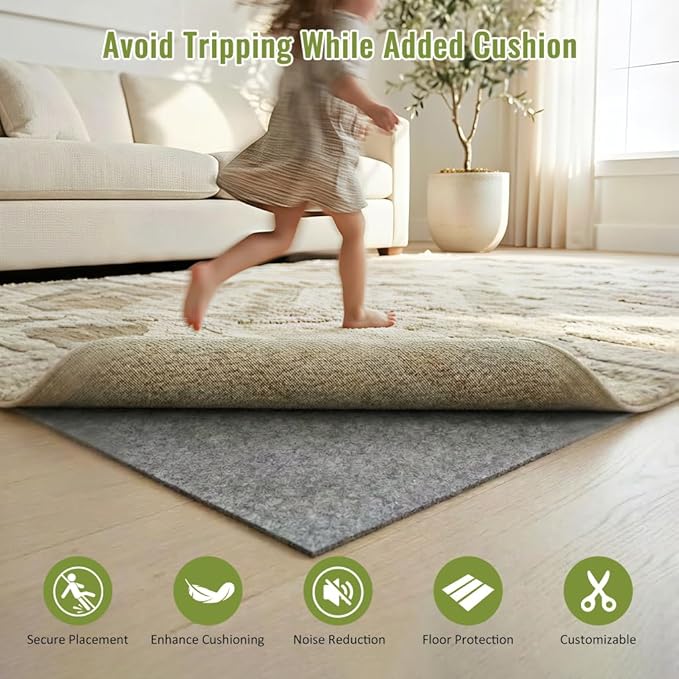 Felt Rug Pad with Gripper Dots, 5x7 Ft Non-Slip Rug Underpad with PVC Backing, 1/6" Thick Cushioned Carpet Pad Gripper for Hardwood Floors, Vinyl & Tile, Under Rug Padding Floor Protection