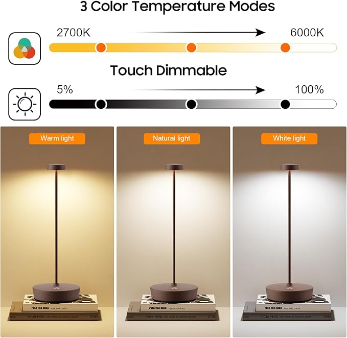 Cordless LED Table Lamp，Rechargeable Battery Desk Lamps, 3 Color Stepless Dimmable Metal Battery Table Lamps, Portable Waterproof Table Light for Indoor/Outdoor/Restaurant (Rust)