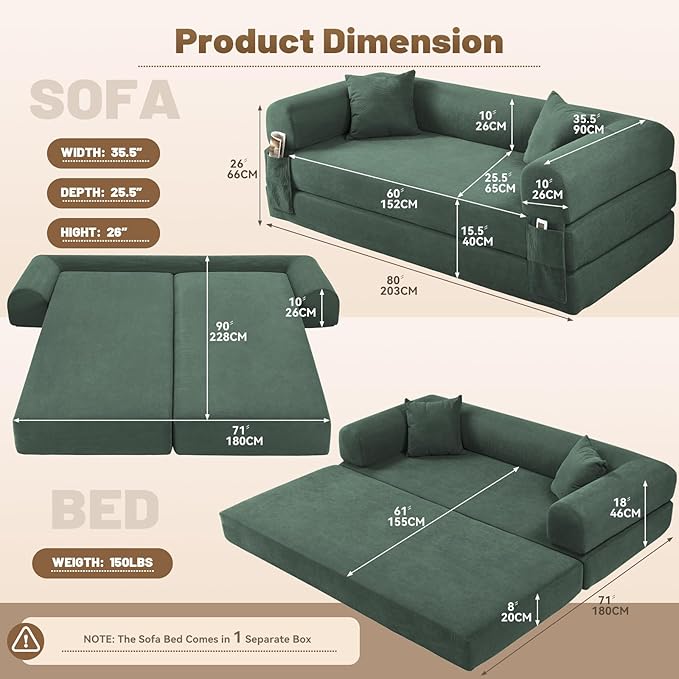 Convertible Futon Sofa Bed,80" Folding Pull Out Couch Bed with Storage,Queen Sleeper Sofa Bed,Compressed Couch in a Box,Corduroy Boneless Couches for Living Room,Light Green