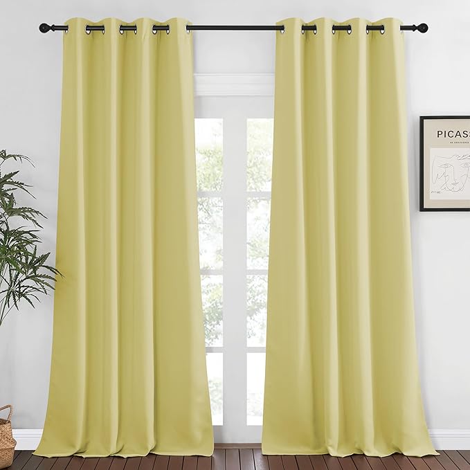 NICETOWN Blackout Window Curtain 90 inch Length - Room Darkening Thermal Insulated Grommet Large Window Treatment Light Blocking for Bedroom/Doorway (Paler Yellow, 1 Panel, W52 x L90)