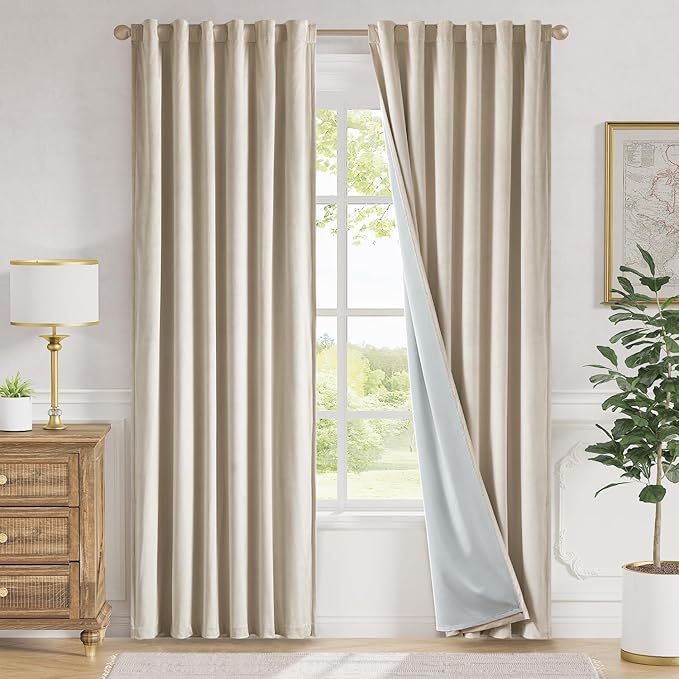 Lazzzy Beige Blackout Velvet Curtains 84 Inch Long Thermal Insulated Room Darkening Lined Curtain Drapes Luxury Back Tab Window Treatments for Bedroom Living Room 2 Panels, 52 x 84 Inch, Cream