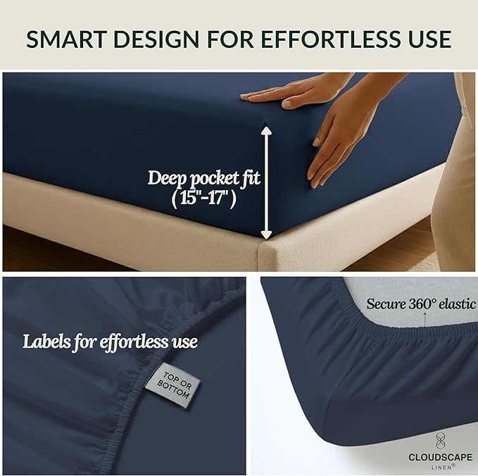 Cloud Scape Linen 100% Egyptian Cotton Split King Sheet Set for Adjustable Bed,400 Thread Count, 5 Pcs Bedding Set, Soft, Breathable and Durable, Deep Pockets up to 17, Dark Denim
