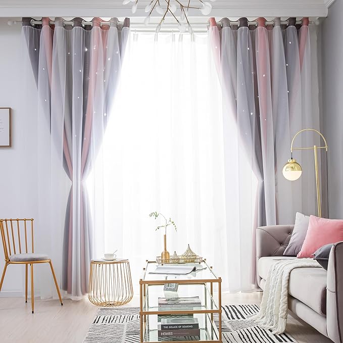 Star Blackout Curtains for Bedroom - Cute Kids Rainbow Curtains, 72 Inch Long 2 Panels, Pink & Grey, 52 x 72 Inch
