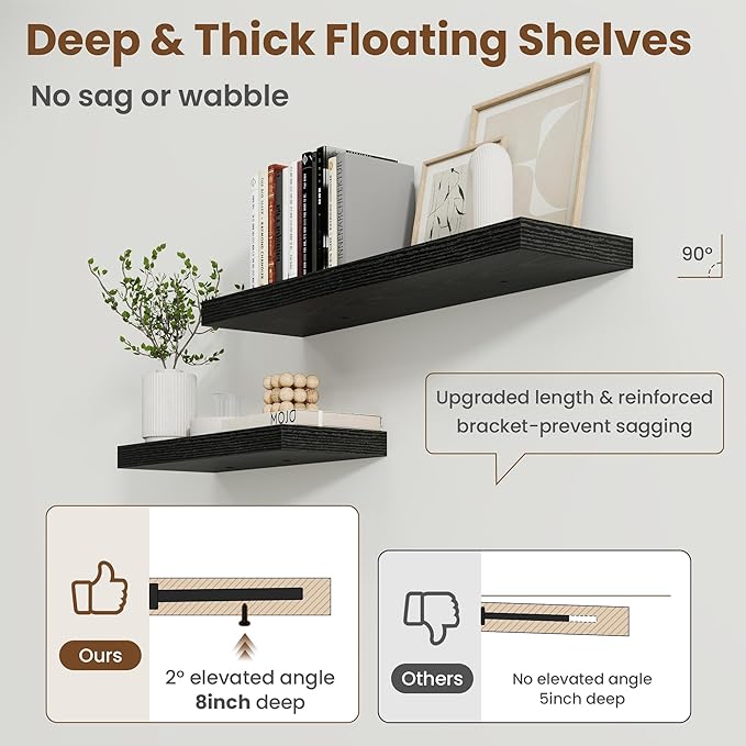 72 Inch Floating Shelves for Wall, 8 Inch Deep Floating Shelf for Storage & Display, Rustic Wall Mounted Shelf with Invisible Brackets for Living Room, Kitchen, Bathroom, Home Decor, Set of 2, Black