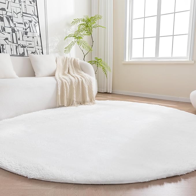 Amazon Basics Fluffy Washable Round Area Rug, Circle Shaggy Carpet for Living Room, Bedroom, Nursery, 8'R, Cream