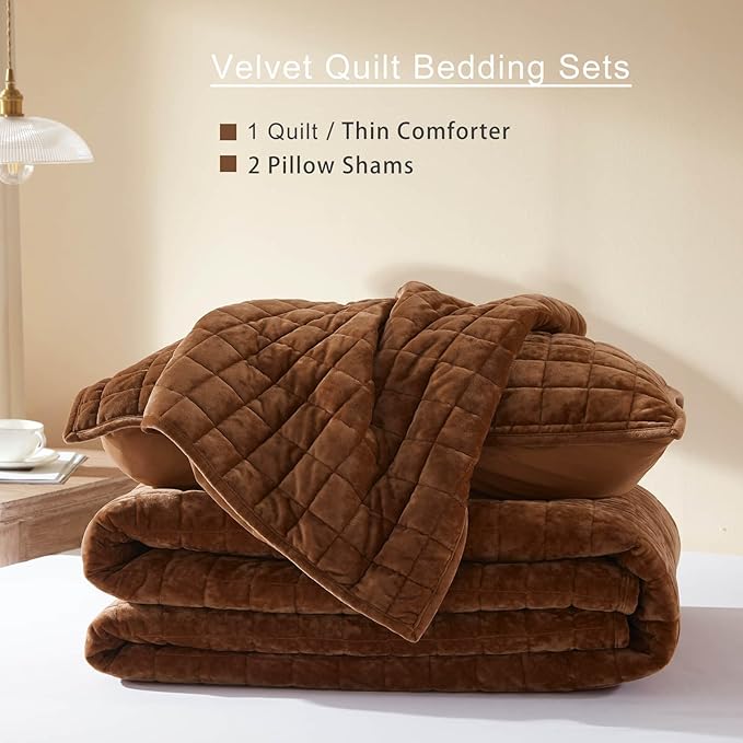 LEAONME Velvet Quilt California King-118''x106'', Lightweight Caramel Velvet Comforter Set with 2 Pillow Shams, Soft Oversized Bedspread Coverlet Quilted Bedding Set for All Season