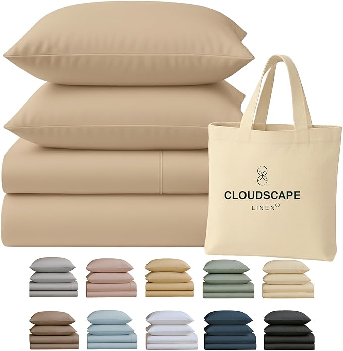 Cloud Scape Linen 100% Egyptian Cotton California King Sheet Set, 400 Thread Count,4 Pieces Luxury Bedding Set, Hotel Quality, Silky Soft, Breathable and Durable, Deep Pockets up to 17, Linen
