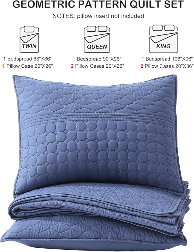 HORIMOTE HOME Denim Blue Queen Size Quilt Set - Soft Microfiber Bedspread with 2 Shams, Lightweight & All-Season Geometric Coverlet for Cozy Bedding