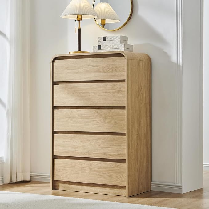 Modern 5 Drawers Dresser for Bedroom, 45" Tall Dressers & Chests of Drawers w/Curved Profile Design, Wood Mid Century Vertical Dresser w/Natural Texture for Bedroom, Living Room, Natural Oak