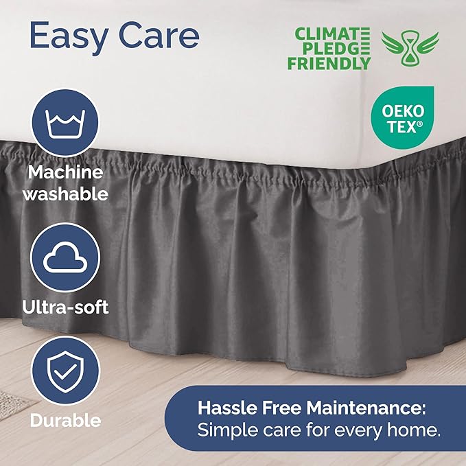 Wrap Around Dust Ruffle Bed Skirt - Dark Grey - Twin/Twin XL Size Beds with 15 Inch Drop - Elastic Strap - Adjustable Pleated Bedskirt with Brushed Fabric and Wrinkle Free - Women, Men, Kids & Teens
