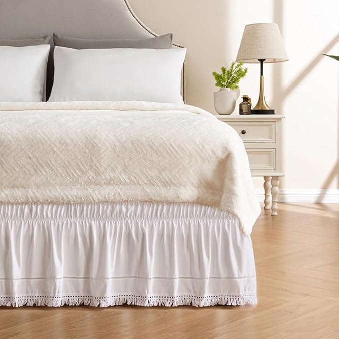 MIYE Wrap Around Ruffled Lace Bed Skirt, Elastic Dust Ruffle with Adjustable Belts, Easy to Put On, Bed Frame Cover, Machine Washable (Tassel Ruffle/White, King/Queen-18 Drop)