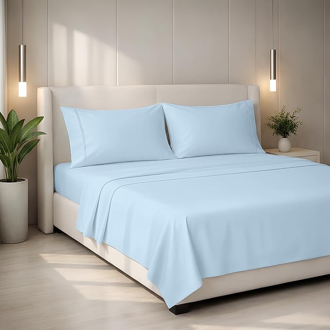 Mayfair Linen 100% Egyptian Cotton California King Sheets Set - 2000 Series Luxury Sheets Cal King Size Bed Set, Soft & Cooling, 17" Extra Deep Pocket Hotel Collection Sheet (4 PC, Light Blue)