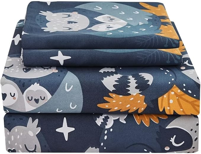 JSD Forest Animals Kids Sheet Set Twin Size, 3 Piece Navy Blue Owl Microfiber Bed Sheets Deep Pocket