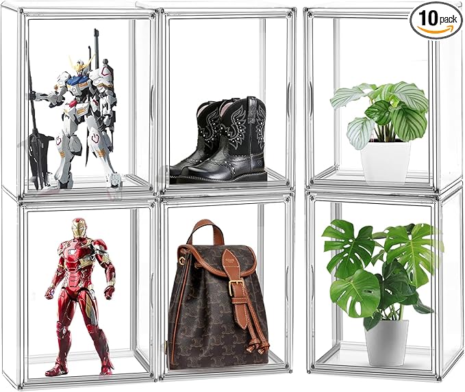 10 Pack Acrylic Shoe Box Size 14, X-Large Purse Handbag Organizer Clear Sneaker Display Case Boot Storage Box Transparent Stackable Storage Bins with Magnetic Lids