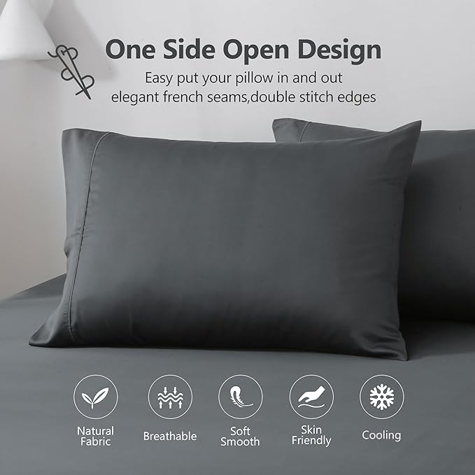 Linen World Cooling Bed Sheets Set Queen Size,100% Organically Grown Viscose Sheets,Deep Pocket Up to 16",4 Pieces Silky Soft,Breathable Bedding Sheets & Pillowcases(Shadow Grey,Queen)