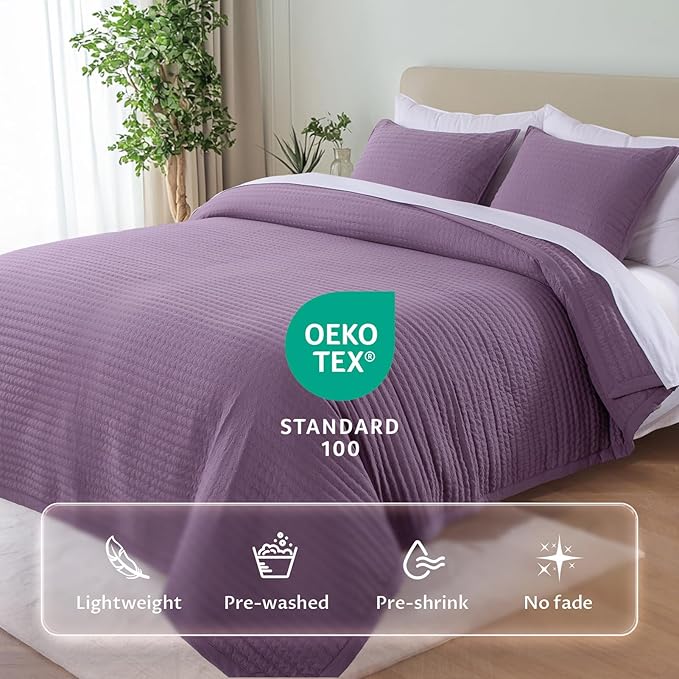 KASENTEX Oversized Queen Quilt Set 102"x106" – Soft Washed 3-Layer Lightweight Bedspread, Minimalist Nordic Design, All-Season Spring & Summer Quilt Set (1 Quilt + 2 Pillow Shams),Grape Jam Purple