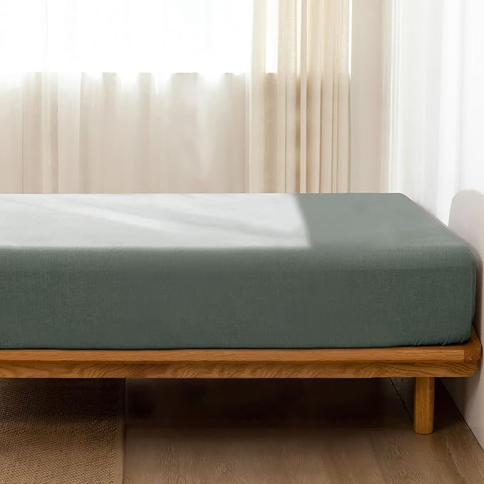 MooMee Fitted Bottom Sheet Only 100% Washed Cotton Linen Like Textured Breathable Durable Soft Comfy Deep Pocket Fits Mattress up to 17" (Heathered Green, Twin)