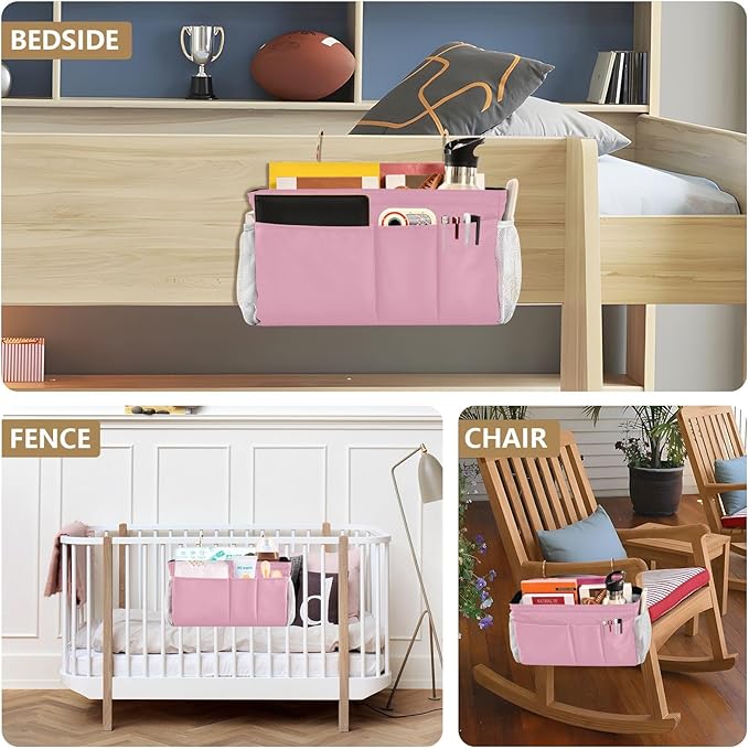KOPIRIT Rose Red Bedside Caddy Storage Bag Bedside Organizer for Dorm Room Top Bunk Bed Hanging Storage Organizer 6 Pockets with Hooks for Book Glasses Phone Holder