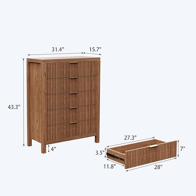 43" 5 Drawer Dresser Tall Dresser Organizer TV Drawer Cabinet Modern Wood Storage Cabinet, Modern Wood Storage Cabinet for Bedroom, Hallway, Entryway, Walnut