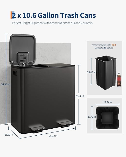 GarveeHome 2 x 10.6 gal (2 x 40 L) Double Kitchen Trash Can, Stainless Steel Large Trash Can w/Soft-Close Lid & Recycle Bin Combo, Step-on Metal Garbage Cans, PP Inner Buckets, Liner Rim, Black