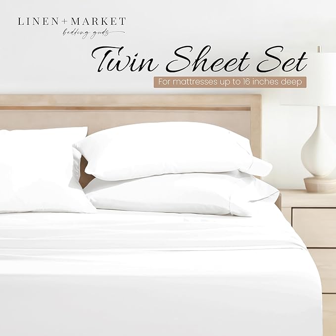 Linen Market Brushed Microfiber Twin Sheet Set 3 Piece – Oeko-TEX Certified Ultra Soft & Wrinkle-Free - 16" Deep Pocket Sheets - Easy Care Twin Size - White