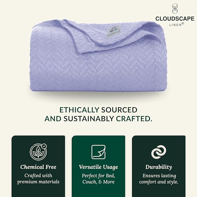 Cloud Scape Linen 100% Cotton Throw Blanket 50x70 Lavender Blue, Luxury All-Season Warmth, Ultra Soft, Oversized Herringbone Gauze Blanket for Winter, Bed, Couch & Sofa Decor, Best Gift Idea