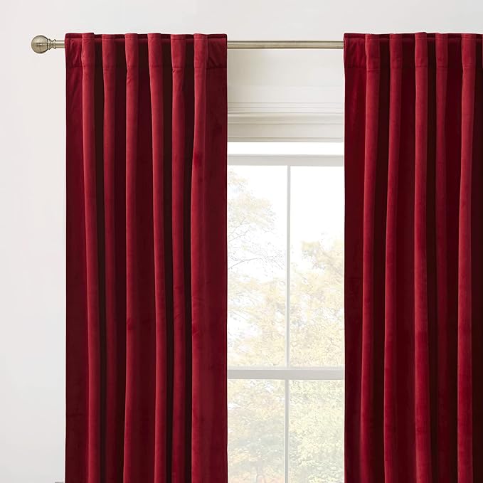 RYB HOME Red Velvet Curtains 80 inches, Back Tab Soft Fabric Room Darkening Thermal Insulated Luxurious Home Decor Curtains for Living Room Bedroom, W 52" x L 80", 2 Panels Set