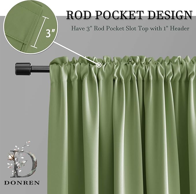 DONREN Sage Green Blackout Curtain Panels for Small Window - Thermal Insulated Room Darkening Rod Pocket Curtains for Bedroom (52 by 63 Inch,2 Panels)