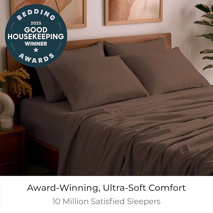 Mellanni California King Sheet Set - 6-Piece Iconic Collection Bedding, (Including 4 Pillowcases), 16-Inch Deep Pocket, Easy Care, Extra Soft, Cooling Sheets, Brushed Microfiber - Brown