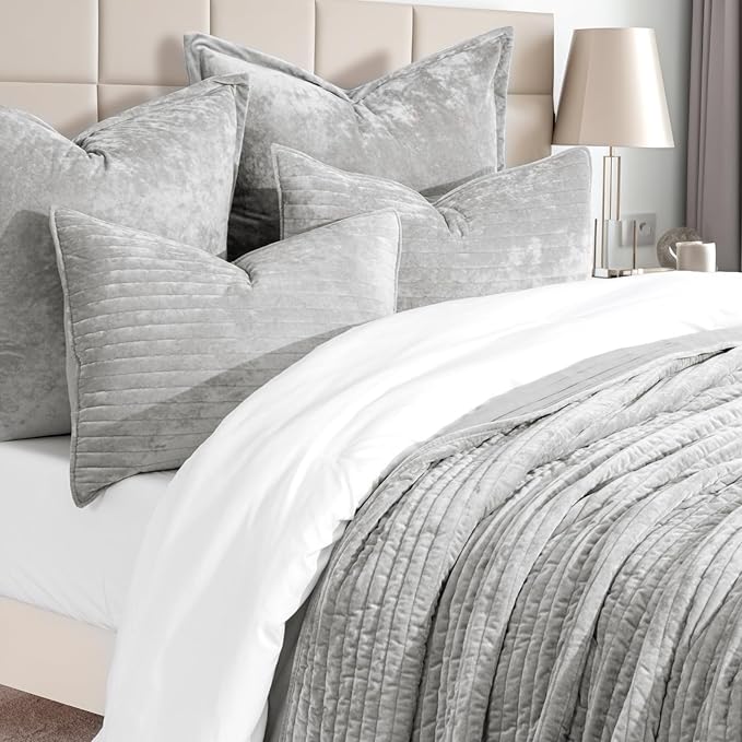 EVERGRACE Velvet Quilt Set King Size, Luxurious Soft Striped Channel Bedding Set, Lightweight Velvet Comforter for All Season, Oversized Bedspread Coverlet with 2 Matching Shams, Frost Gray
