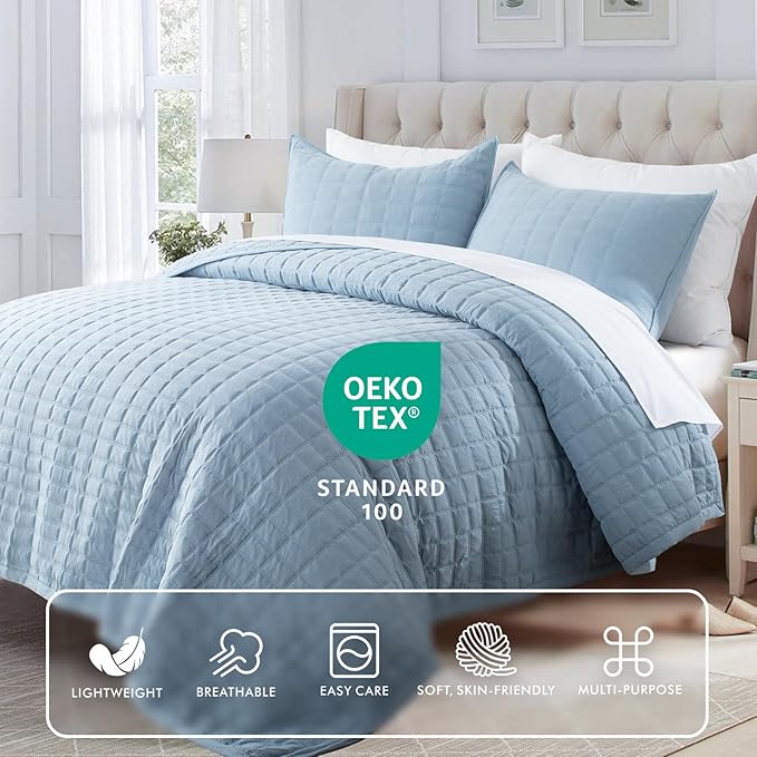 KASENTEX King XL Quilt Set 108"x98" – Soft Washed 3-Layer Lightweight Bedspread, Minimalist Nordic Design, All-Season Spring & Summer Quilt Set (1 Quilt + 2 Pillow Shams), Grey Blue