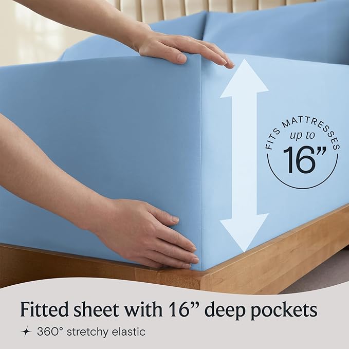 LuxClub 4 PC California King Sheet Set, Deep Pockets Wrinkle Free Cooling Bed Sheets Hotel Bedding for Women, Men, Includes 1 Fitted Sheet, 1 Flat Sheet and 2 Pillowcases-Sky